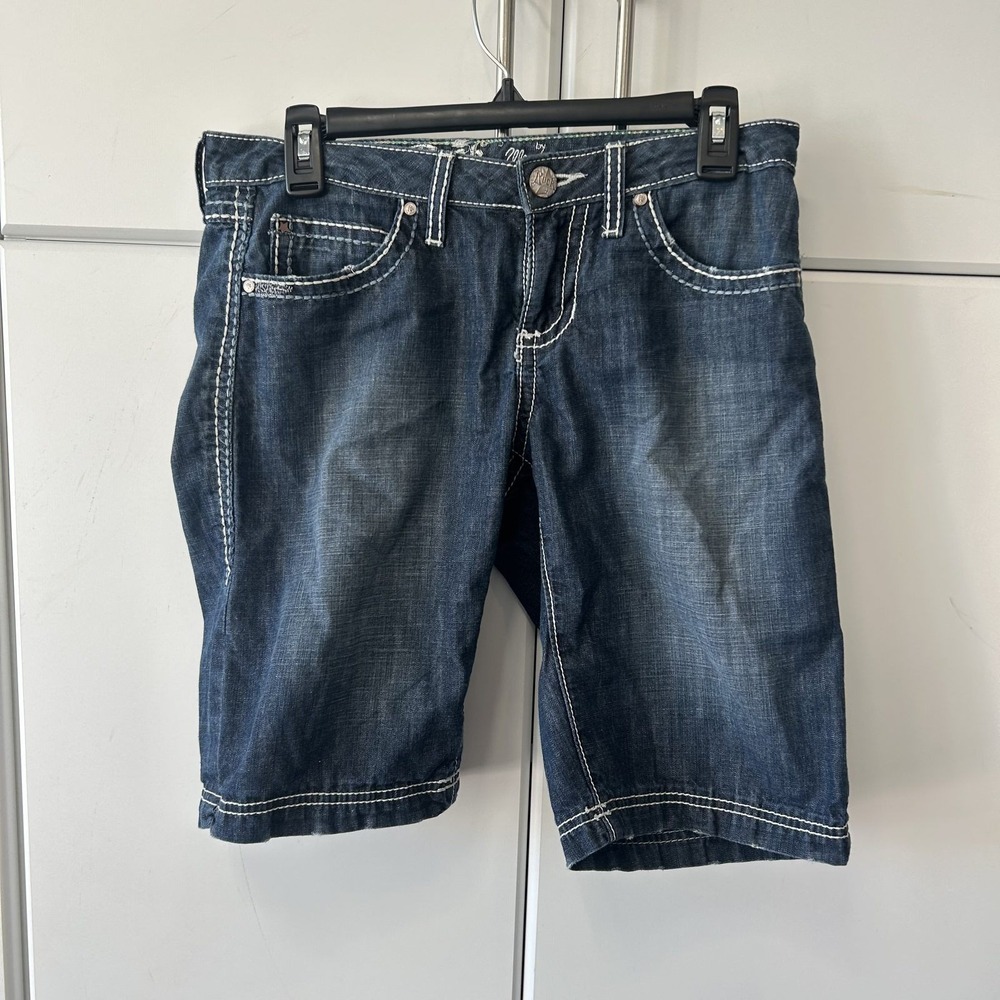 Rock 47 by Wrangler Ultra Low Rise Denim Shorts Dark Wash Embroidered Pockets 5/